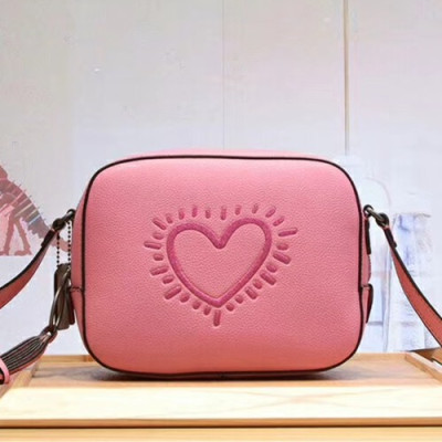 Coach Keith Haring Camera Leather Shoulder Bag,21cm - 코치 키스 해링 카메라 레더 숄더백 COAB0107,21cm,핑크