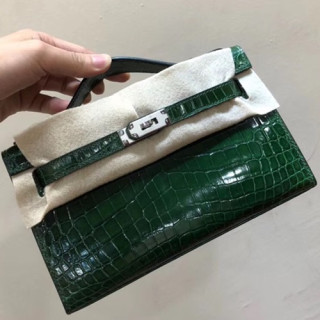 Hermes Mini Kelly Crocodile Leather Tote Bag / Clutch Bag,22cm - 에르메스 미니 켈리 크로커다일 레더 여성용 토트백/클러치백 HERB0004, 22cm,그린