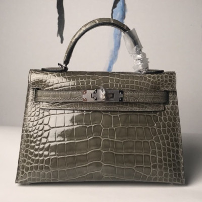 Hermes Mini Kelly Crocodile Leather Tote Shoulder Bag , - 에르메스 미니 켈리 크로커다일 레더 여성용 토트 숄더백 HERB0277,그레이