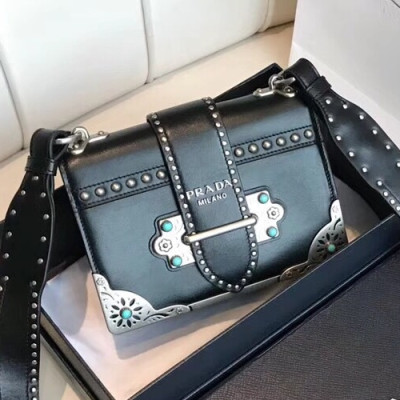 Prada Cahier Leather Shoulder Bag,20cm - 프라다 카이에 레더 여성용 숄더백 ,1BD045-24,20cm,블랙