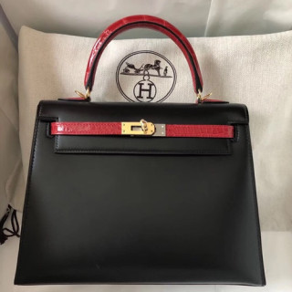 Hermes Kelly Box Leather Tote Shoulder Bag ,25cm - 에르메스 켈리복스 레더 여성용 토트 숄더백 HERB0678,25cm,블랙
