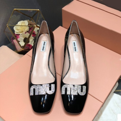 Miumiu 2019 Ladies Leather Middle-heel Pumps - 미우미우 2019 여성용 레더 미들힐 펌프스 MIUS0011.Size(225 - 245).블랙