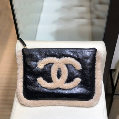Chanel 2019 Women Leather Clutch Bag,28cm - 샤넬 2019 여성용 레더 클러치백,CHAB1290, 28cm,블랙+베이지